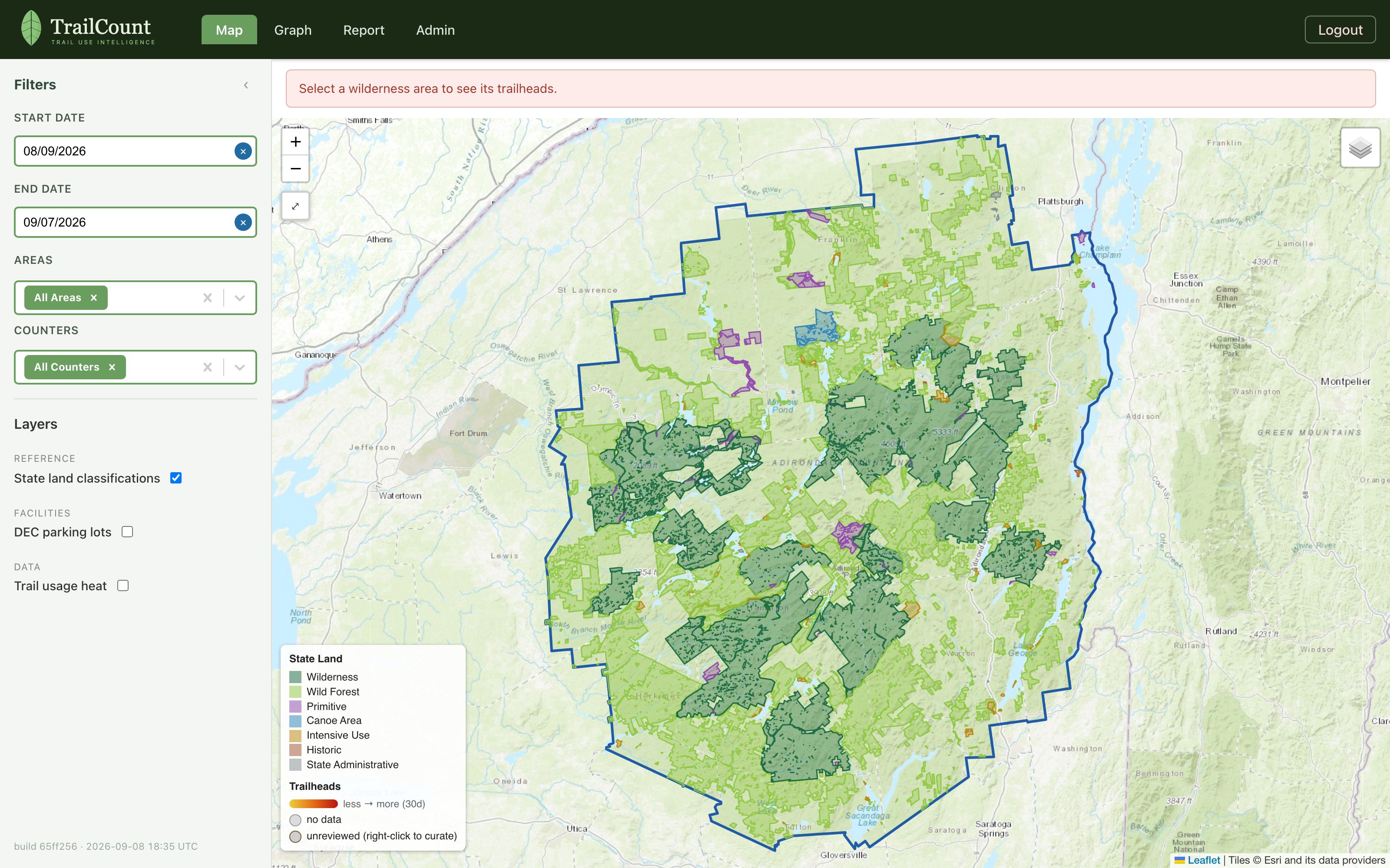 TrailCount map view of the Adirondack Park